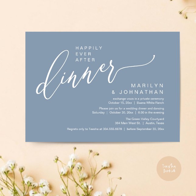 Convite Feliz Sempre Depois da Janta de Recepção de casame (Happily Ever After Party Modern Romantic Wedding Reception Dinner Invitation Card PDF Dusty Blue)