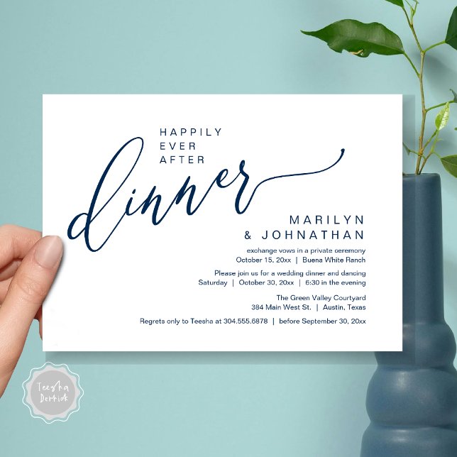 Convite Feliz Sempre Depois da Janta de Recepção de casame (Happily Ever After Party Modern Romantic Wedding Reception Dinner Invitation Card PDF Navy Blue)