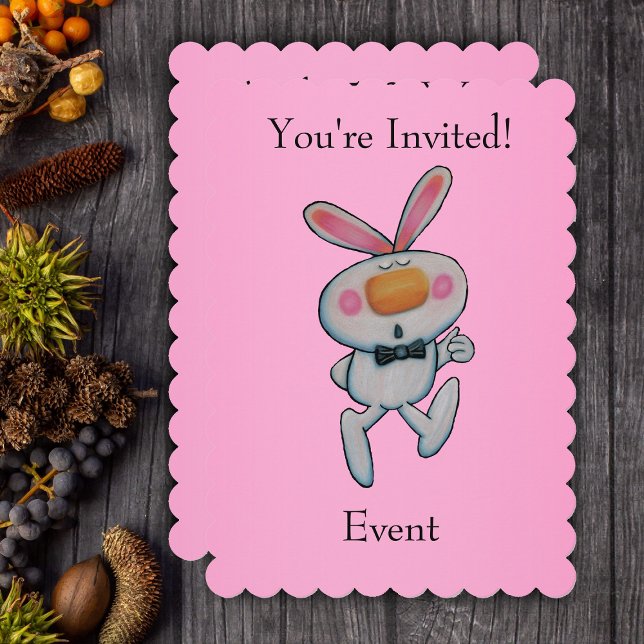 Convite Feliz Tigre Arco Cinza Brilhante (Cute cartoon white bunny rabbit giving thumbs up wearing black bow tie on pink party invitatiions.)