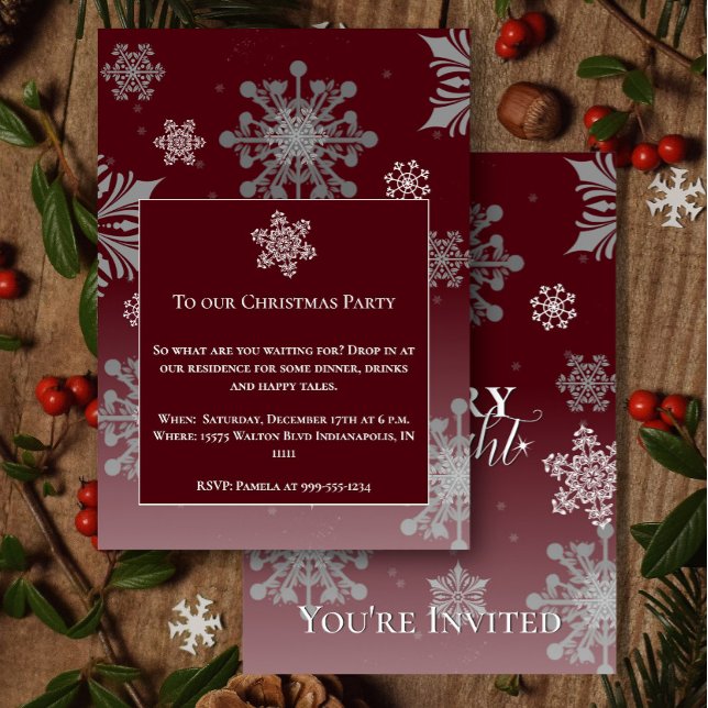 Convite Feliz Vermelha e Festa de Natal Bright Snowflakes (Red Merry and Bright Snowflakes Christmas Party Invitation)