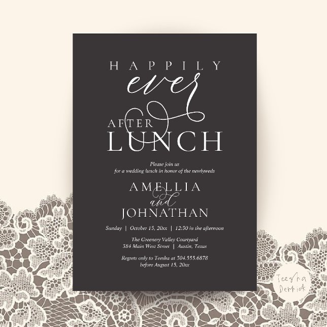 Convite Felizes para Sempre após o Almoço Elopamento de Ca (Happily Ever After Lunch Classy Wedding Elopement Invitation Card in Charcoal Grey)