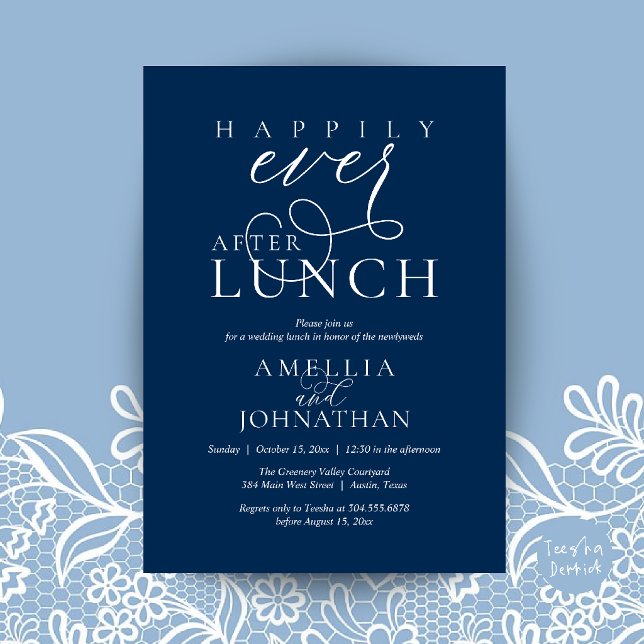 Convite Felizes para Sempre Depois do Almoço Casamento Clá (Happily Ever After Lunch Classy Wedding Elopement Invitation Card in Navy Blue)