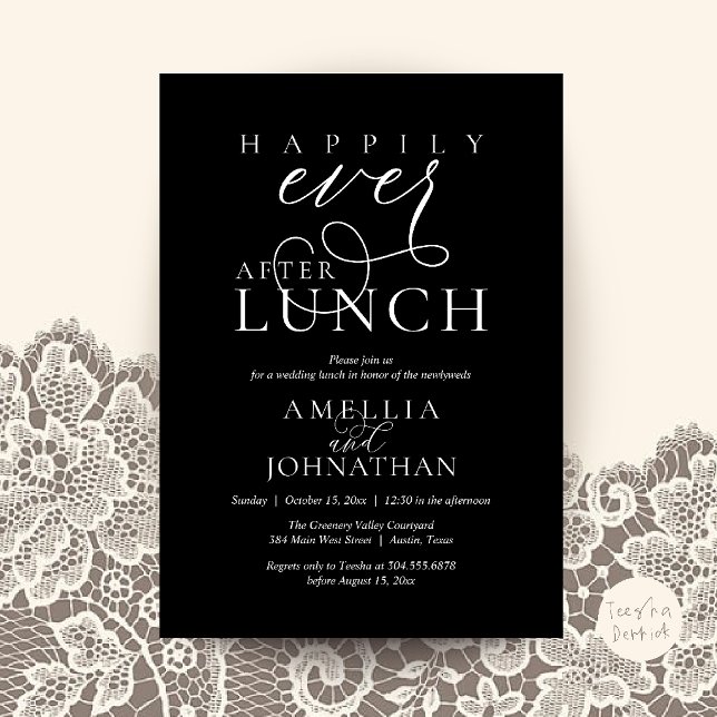 Convite Felizes para Sempre Depois do Almoço Casamento Clá (Happily Ever After Lunch Classy Wedding Elopement Invitation Card in Black and White)