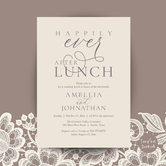 Convite Felizes para Sempre Depois do Almoço Casamento Clá (Happily Ever After Lunch Classy Wedding Elopement Invitation Card in Cream and Grey)