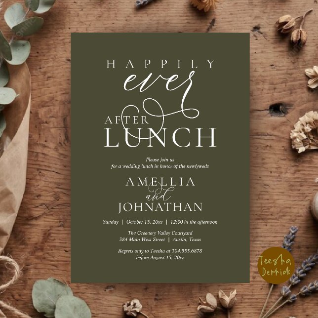 Convite Felizes para Sempre Depois do Almoço Casamento Ele (Happily Ever After Lunch Classy Wedding Elopement Invitation Card in Olive Green)