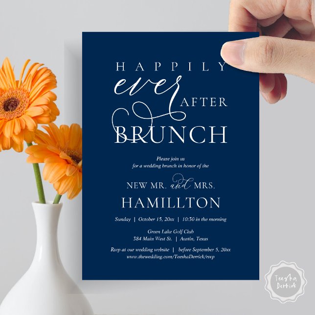 Convite Felizmente Depois Da Celebração De Casamento Poste (Happily Ever After Brunch Post Wedding Celebration Invitation Card, PDF, in Navy Blue)