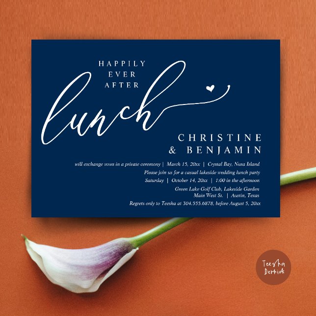 Convite Felizmente Depois Da Celebração Do Almoço De Elope (Happily ever After Lunch Invitation Card, PDF, Post Wedding Elopement, In Navy Blue)