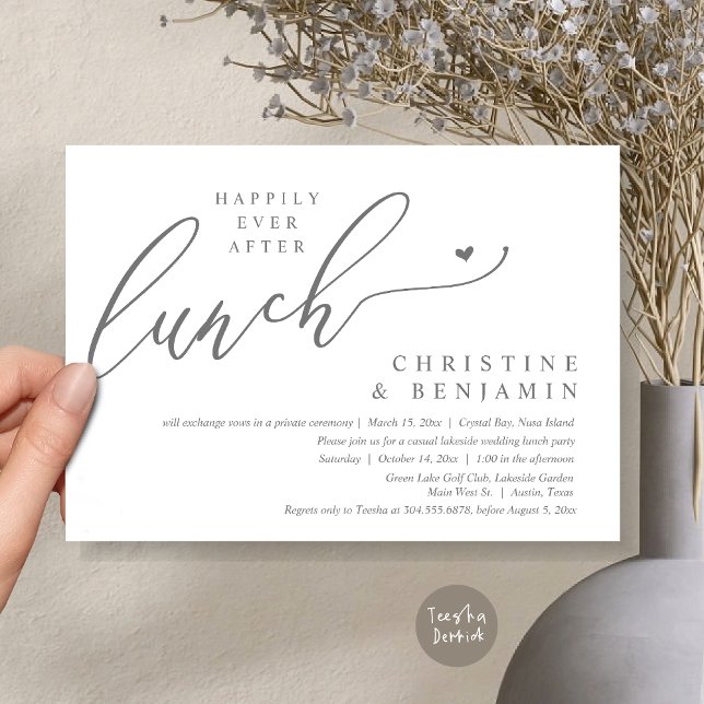 Convite Felizmente Depois Da Celebração Do Almoço De Elope (Happily ever After Lunch Invitation Card, PDF, Post Wedding Elopement, In Dark Grey)