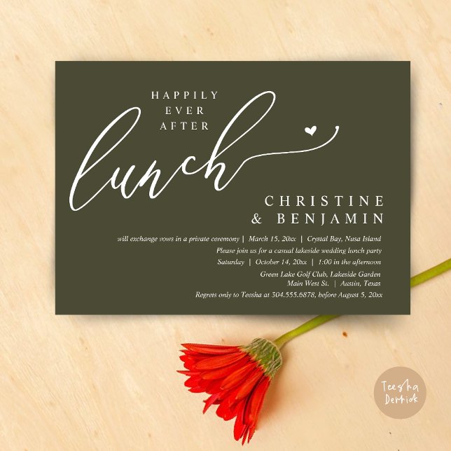 Convite Felizmente Depois Da Celebração Do Almoço De Elope (Happily ever After Lunch Invitation Card, PDF, Post Wedding Elopement, In Olive Green)