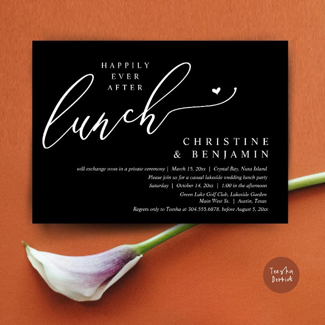 Convite Felizmente Depois Da Celebração Do Almoço De Elope (Happily ever After Lunch Invitation Card, PDF, Post Wedding Elopement, In Elegant Black)