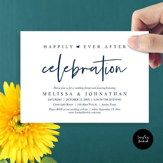 Convite Felizmente Depois Da Celebração, Janto De Casament (Happily Ever After Celebration, Wedding Dinner Invitation Card, PDF, Modern Script, in Navy Blue)