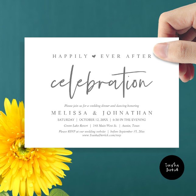 Convite Felizmente Depois Da Celebração, Janto De Casament (Happily Ever After Celebration, Wedding Dinner Invitation Card, PDF, Modern Script, in Dark Grey)