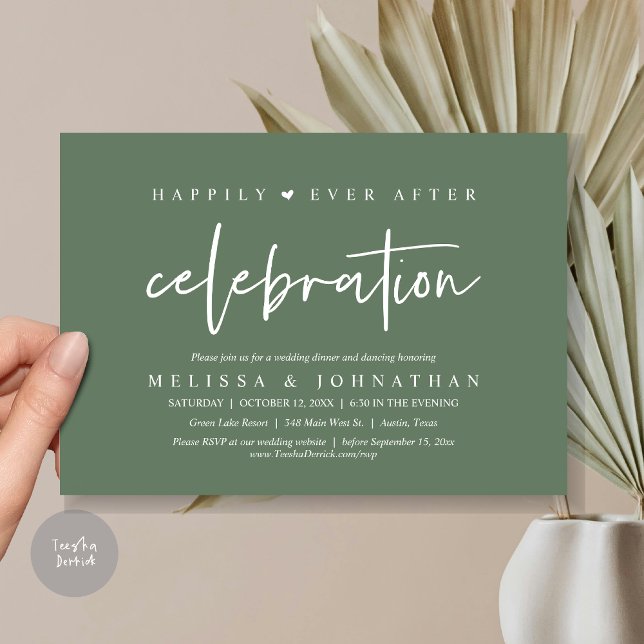 Convite Felizmente Depois Da Celebração, Janto De Casament (Happily Ever After Celebration, Wedding Dinner Invitation Card, PDF, Modern Script, in Sage Green)