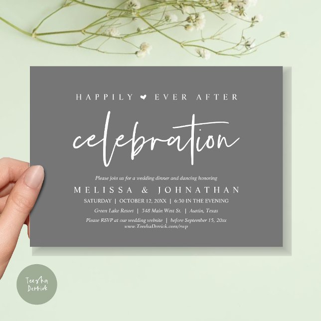 Convite Felizmente Depois Da Celebração, Janto De Casament (Happily Ever After Celebration, Wedding Dinner Invitation Card, PDF, Modern Script, in Dark Grey)