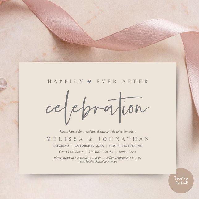 Convite Felizmente Depois Da Celebração, Janto De Casament (Happily Ever After Celebration, Wedding Dinner Invitation Card, PDF, Modern Script, in Cream Grey)