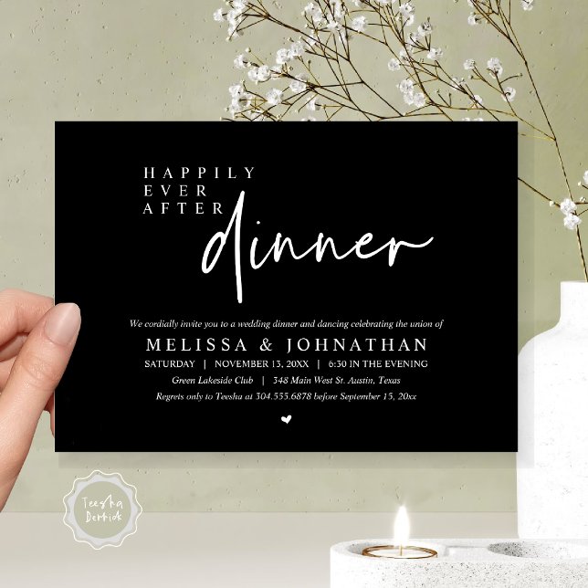 Convite Felizmente Depois Da Dança Do Janto De Casamento (Happily Ever After Party, Modern Wedding Dinner Dancing Party Invitation Card, PDF, Classy Black)
