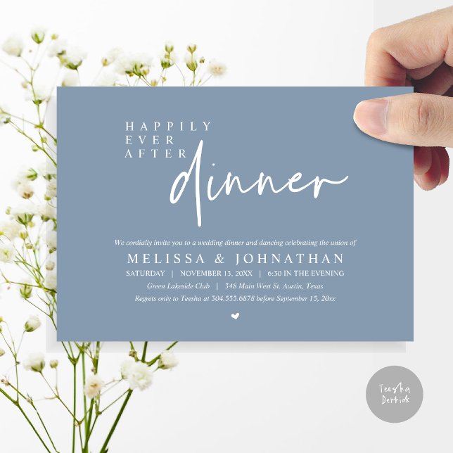 Convite Felizmente Depois Da Dança Do Janto De Casamento (Happily Ever After Party, Modern Wedding Dinner Dancing Party Invitation Card, PDF, Dusty Blue)