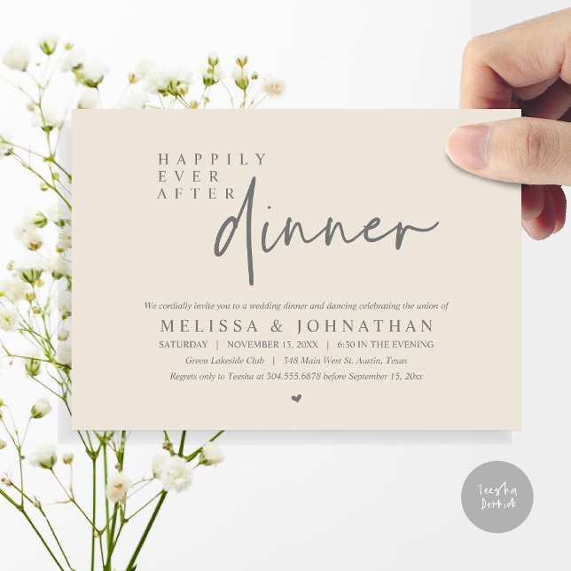 Convite Felizmente Depois Da Dança Do Janto De Casamento (Happily Ever After Party, Modern Wedding Dinner Dancing Party Invitation Card, PDF, Cream Dark Grey)
