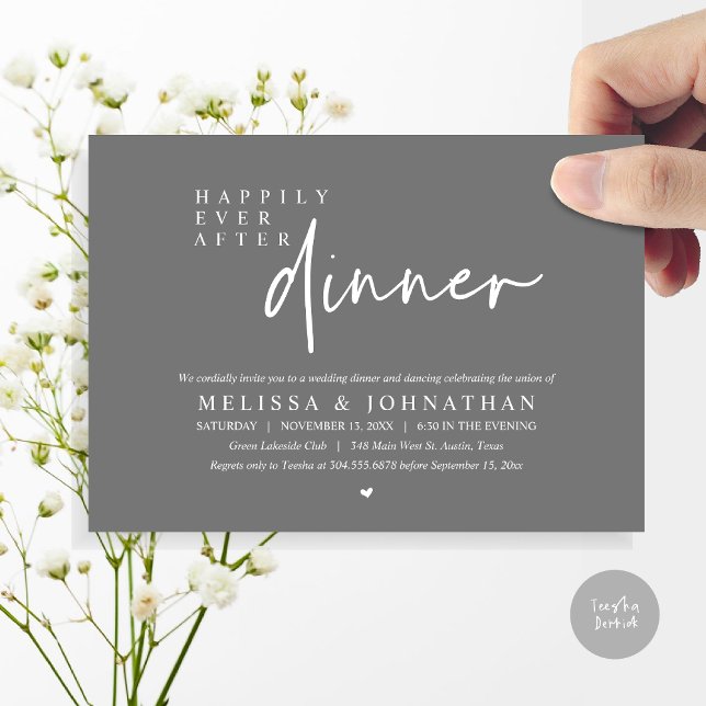 Convite Felizmente Depois Da Dança Do Janto De Casamento (Happily Ever After Party, Modern Wedding Dinner Dancing Party Invitation Card, PDF, Dark Grey)
