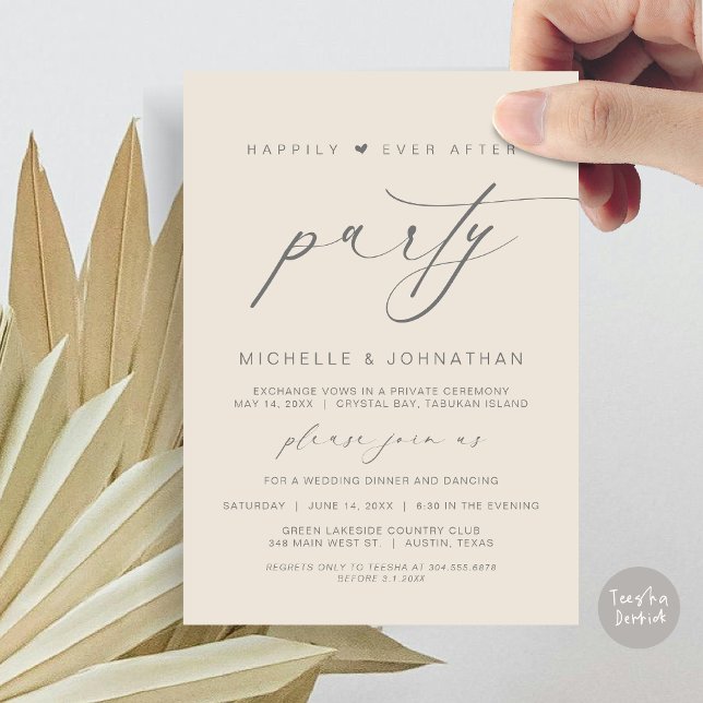 Convite Felizmente Depois Da Festa Jante, Elopemento De Ca (Happily Ever After Party, Wedding Elopement Dinner Brunch Invitation Card, PDF, Cream Grey)