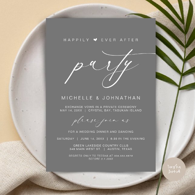 Convite Felizmente Depois Da Festa Jante, Elopemento De Ca (Happily Ever After Party, Wedding Elopement Dinner Brunch Invitation Card, PDF, Dark Grey)