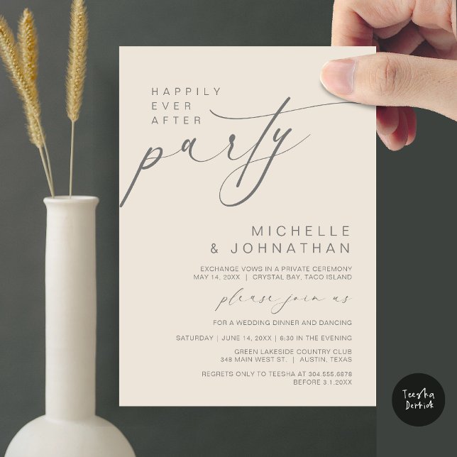 Convite Felizmente Depois Da Festa Jante, Elopemento De Ca (Happily Ever After Party, Wedding Elopement Dinner Brunch Invitation Card, PDF, Cream Grey)