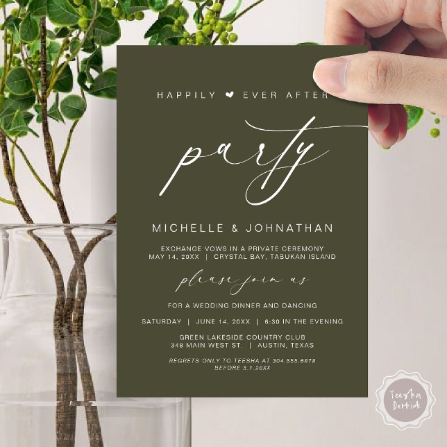 Convite Felizmente Depois Da Festa Jante, Elopemento De Ca (Happily Ever After Party, Wedding Elopement Dinner Brunch Invitation Card, PDF, Olive Green)