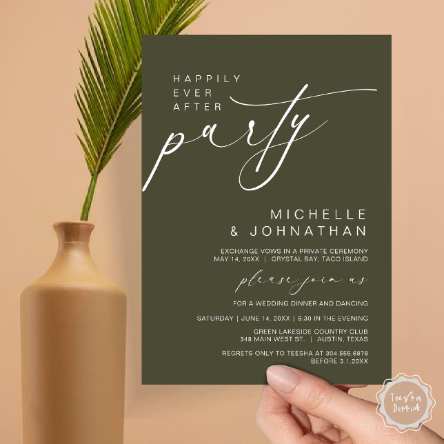 Convite Felizmente Depois Da Festa Jante, Elopemento De Ca (Happily Ever After Party, Wedding Elopement Dinner Brunch Invitation Card, PDF, Olive Green)