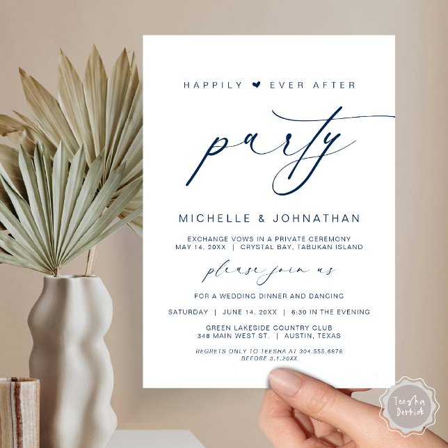 Convite Felizmente Depois Da Festa Jante, Elopemento De Ca (Happily Ever After Party, Wedding Elopement Dinner Brunch Invitation Card, PDF, Navy Blue)