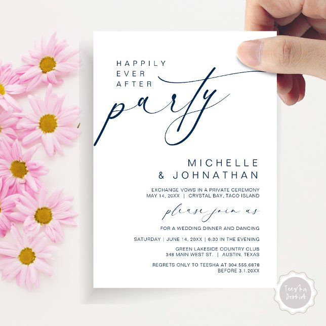 Convite Felizmente Depois Da Festa Jante, Elopemento De Ca (Happily Ever After Party, Wedding Elopement Dinner Brunch Invitation Card, PDF, Navy Blue)