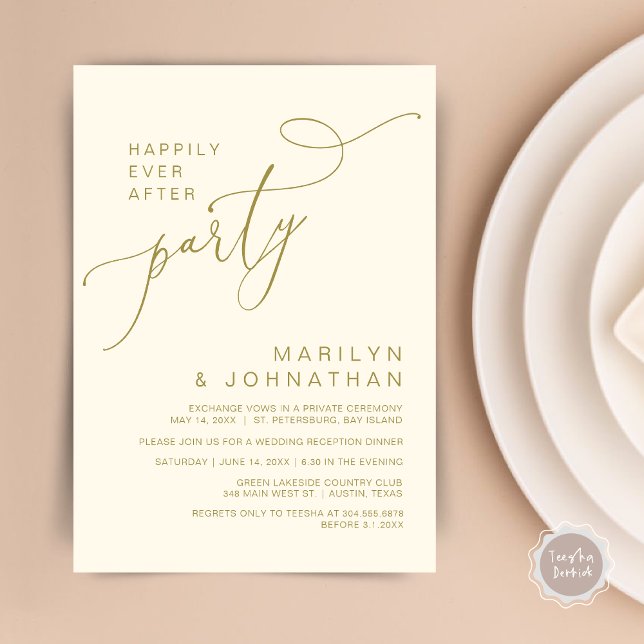 Convite Felizmente Depois da Recepção, Janta e dança (Happily Ever After Reception Dinner and Dancing Cash Bar, Adult only Invitation Card PDF Yellow Gold)