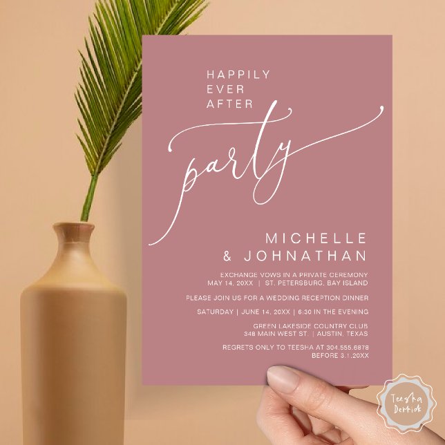 Convite Felizmente Depois da Recepção, Janta e dança (Happily Ever After Reception Dinner and Dancing Cash Bar, Adult only Invitation Card PDF Dusty Rose)