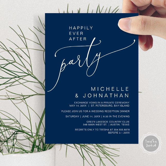 Convite Felizmente Depois da Recepção, Janta e dança (Happily Ever After Reception Dinner and Dancing Cash Bar, Adult only Invitation Card PDF Navy Blue)