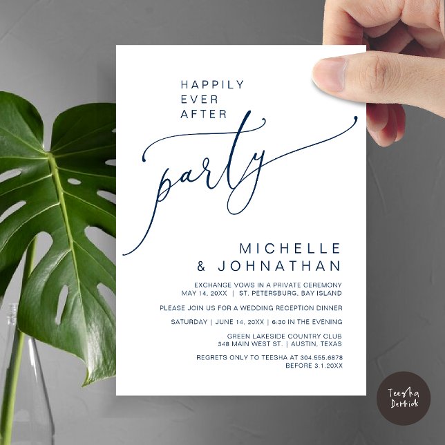 Convite Felizmente Depois da Recepção, Janta e dança (Happily Ever After Reception Dinner and Dancing Cash Bar, Adult only Invitation Card PDF Navy Blue)