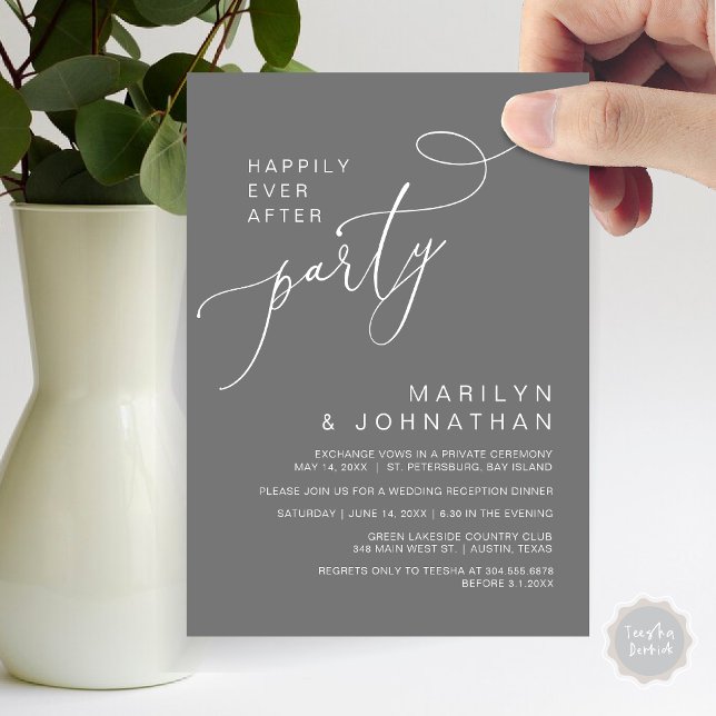 Convite Felizmente Depois da Recepção, Janta e dança (Happily Ever After Reception Dinner and Dancing Cash Bar, Adult only Invitation Card PDF Dark Grey)