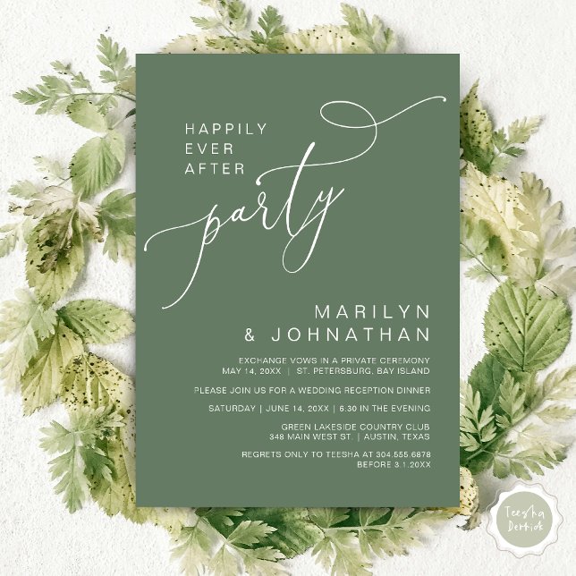 Convite Felizmente Depois da Recepção, Janta e dança (Happily Ever After Reception Dinner and Dancing Cash Bar, Adult only Invitation Card PDF Sage Green)