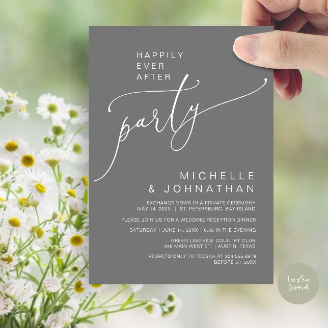 Convite Felizmente Depois da Recepção, Janta e dança (Happily Ever After Reception Dinner and Dancing Cash Bar, Adult only Invitation Card PDF Dark Grey)