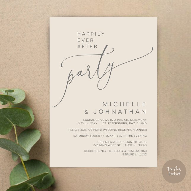Convite Felizmente Depois da Recepção, Janta e dança (Happily Ever After Reception Dinner and Dancing Cash Bar, Adult only Invitation Card PDF Cream Grey)