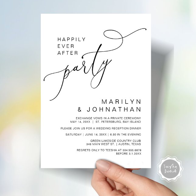 Convite Felizmente Depois da Recepção, Janta e dança (Happily Ever After Reception Dinner and Dancing Cash Bar, Adult only Invitation Card PDF White Black)