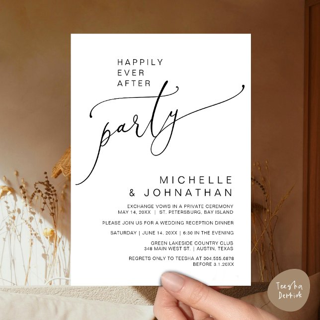Convite Felizmente Depois da Recepção, Janta e dança (Happily Ever After Reception Dinner and Dancing Cash Bar, Adult only Invitation Card PDF White Black)