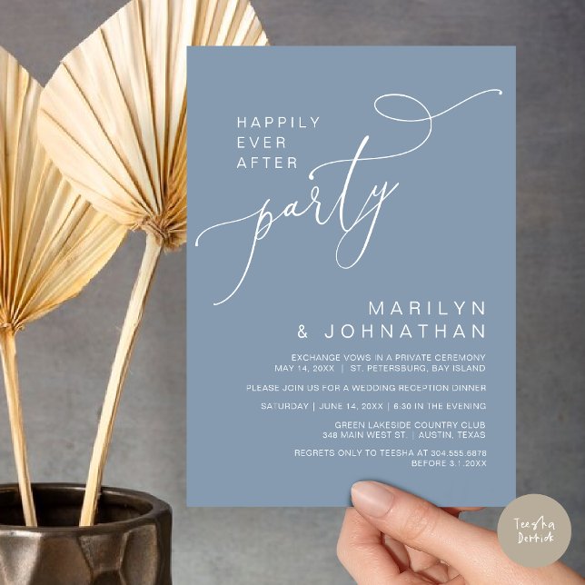 Convite Felizmente Depois da Recepção, Janta e dança (Happily Ever After Reception Dinner and Dancing Cash Bar, Adult only Invitation Card PDF Dusty Blue)