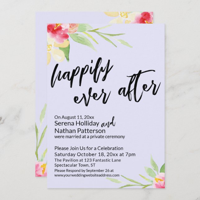 Convite Felizmente Depois das flores de aquarela na Lavand (Frente/Verso)