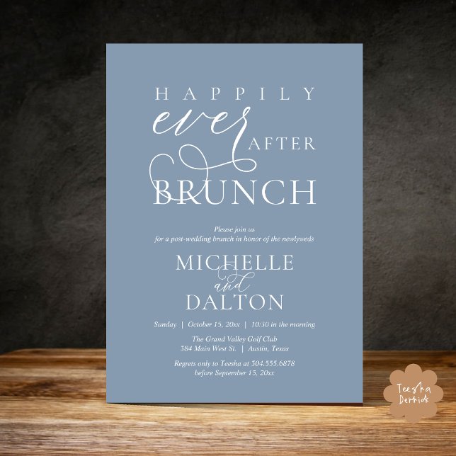 Convite Felizmente Depois De Brunch Belo Casamento Poste (Happily Ever After Brunch Invitation Card PDF Wedding Elopement Modern Romantic Classy Dusty Blue)