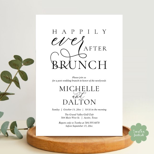 Convite Felizmente Depois De Brunch Belo Casamento Poste (Happily Ever After Brunch Invitation Card, Post Wedding Party Crew Romantic PDF in Black White)