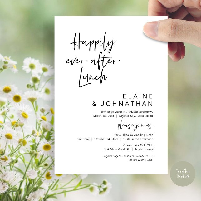 Convite Felizmente Depois De Brunch, Elopemento De Casamen (Happily Ever After Lunch, Modern Wedding Elopement Party Invitation Card, PDF, in Black and White)