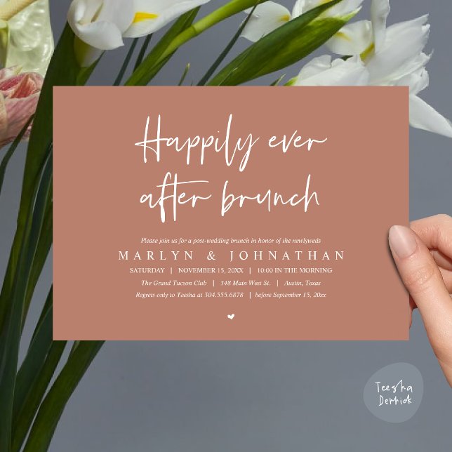 Convite Felizmente Depois De Brunch, Elopemento De Casamen (Happily Ever After Brunch, Modern Romantic Post Wedding Invitation Card, PDF, Earthy Brown)