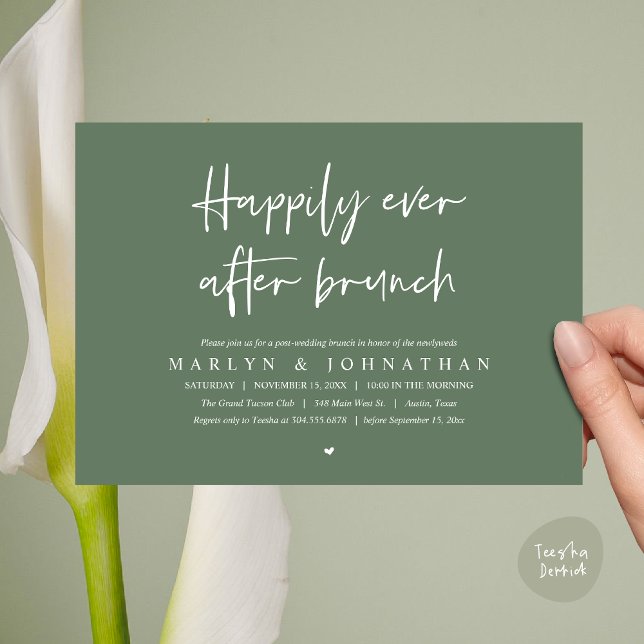 Convite Felizmente Depois De Brunch, Elopemento De Casamen (Happily Ever After Brunch, Modern Romantic Post Wedding Invitation Card, PDF, Greenery sage green)