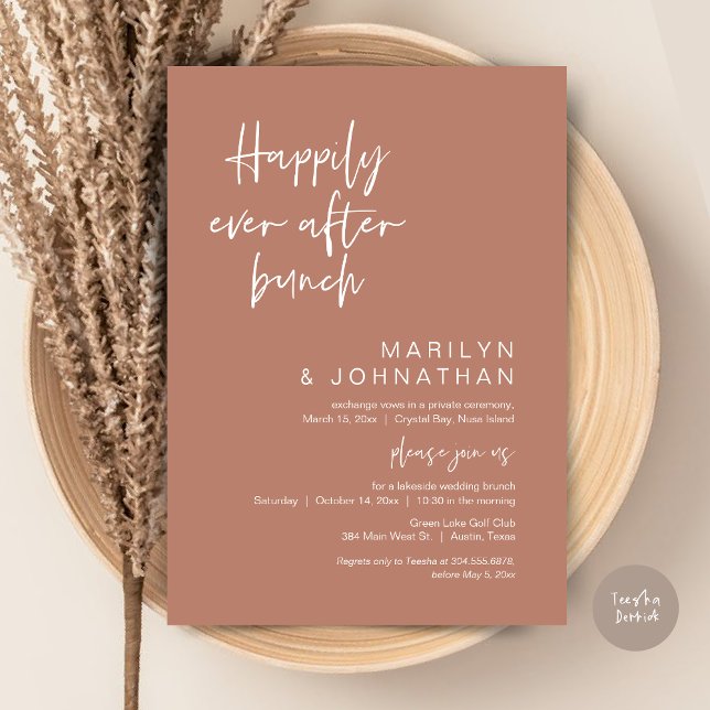 Convite Felizmente Depois De Brunch, Elopemento, Terracott (Happily Ever After Brunch, Modern Wedding Elopement, Invitation Card, PDF, in Terracotta Brown)