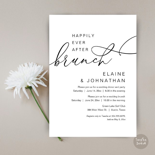 Convite Felizmente Depois De Brunch, Festa De Elopemento D (Happily Ever After Brunch Invitation Card, PDF, in Modern Romantic Script, Black and White)
