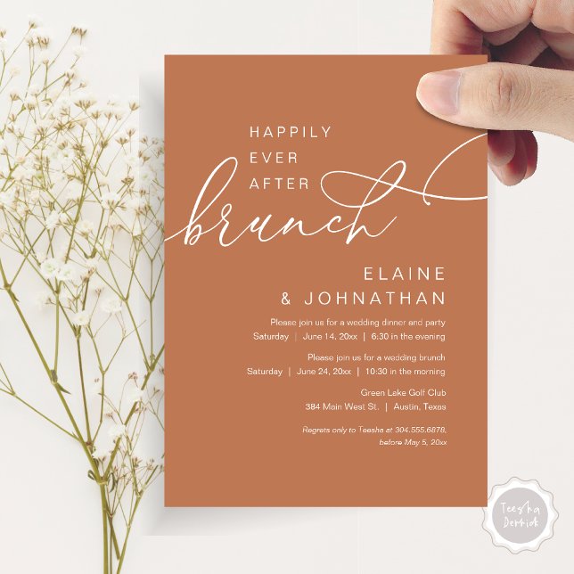 Convite Felizmente Depois De Brunch, Festa De Elopemento D (Happily Ever After Brunch Invitation Card, PDF, in Modern Romantic Script, Copper Rust )